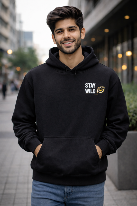 Stay Wild Roar Unisex Hoodie – Black & Navy Blue Lion Back Print Pullover
